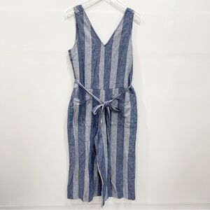 BeachLunchLounge Blue Stripe Wide Leg Jumpsuit Belted Cotton Linen Medium